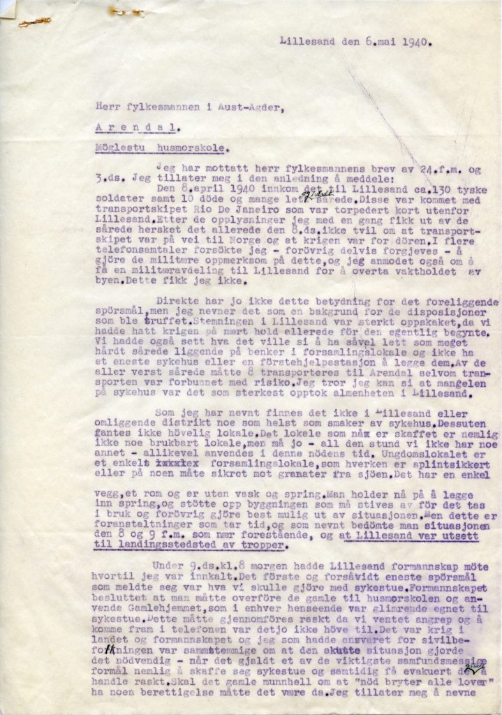 Notat til Fylkesmannen i Aust-Agder, datert 6. mai 1940 s. 1