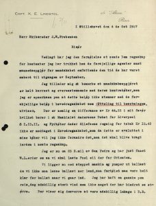Brev fra kaptein Lindstøl til J. W. Prebensen 04.10.1927 Stillehavet s. 1
