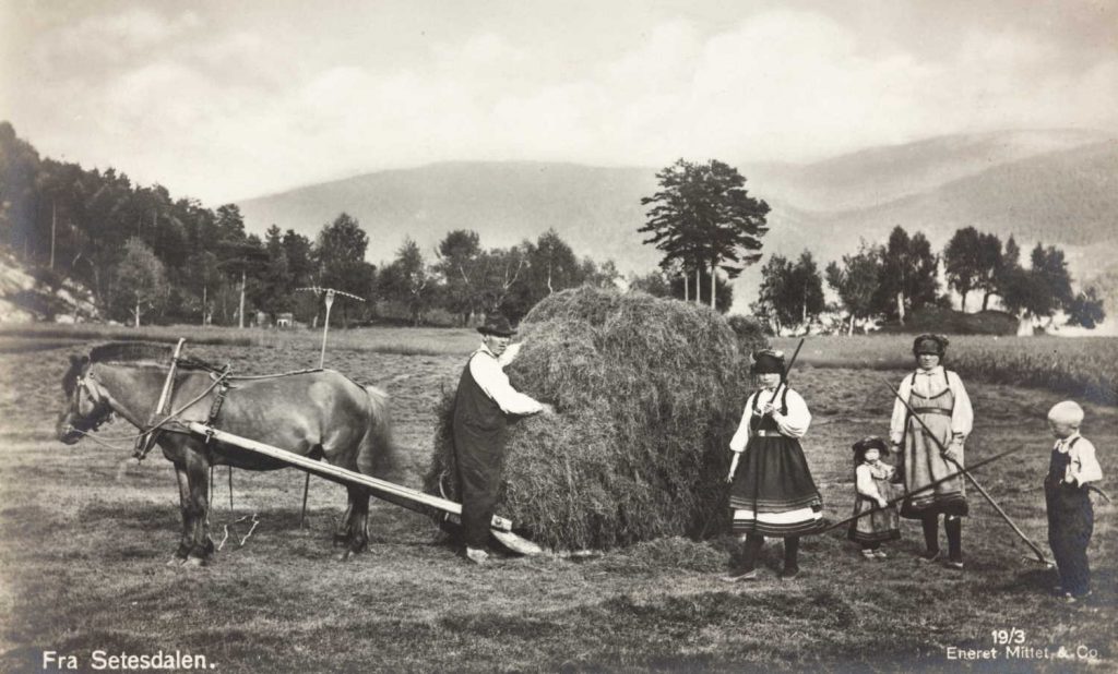 Familie i slåttonna i Setesdal rundt 1900. Foto: Axel Lindahl