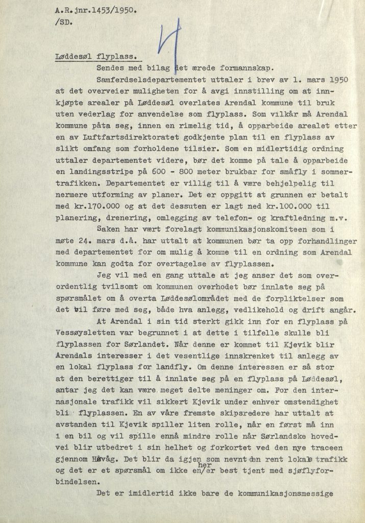 Brev til Arendal formannskap fra rådmannen 15.04.1950 s. 1