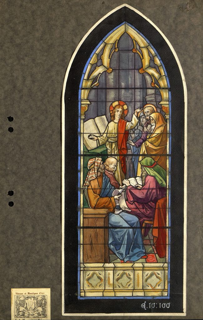 Tegninger av glassmalerier i Grimstad kirke fra Le Vitrail d´art, Paris