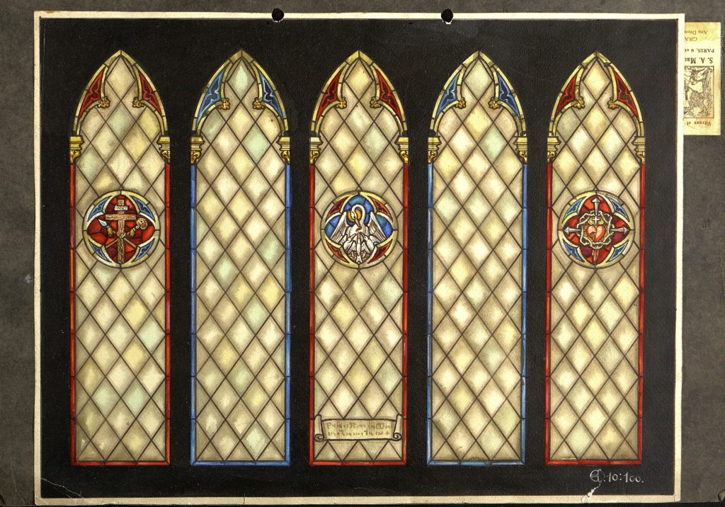 Tegninger av glassmalerier i Grimstad kirke fra Le Vitrail d´art, Paris