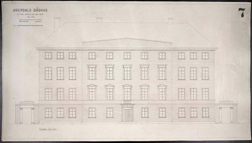 Oppmålingstegning av Arendal rådhus mai 1942 Ugland & Thorne fasade mot syd