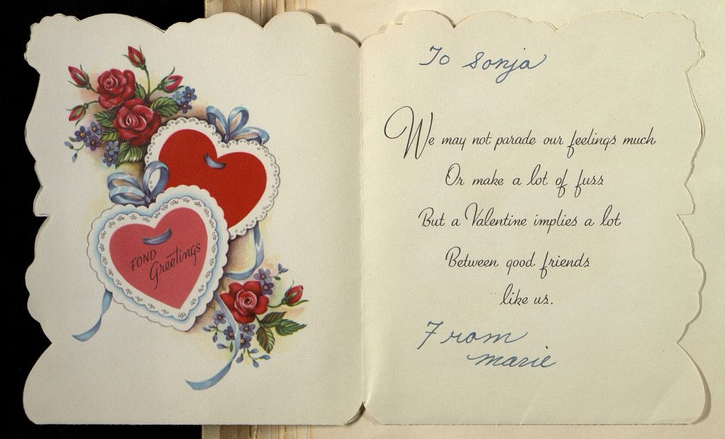 Valentinskort fra 1950-tallet. Sonja Gjerulfsen Krügers album