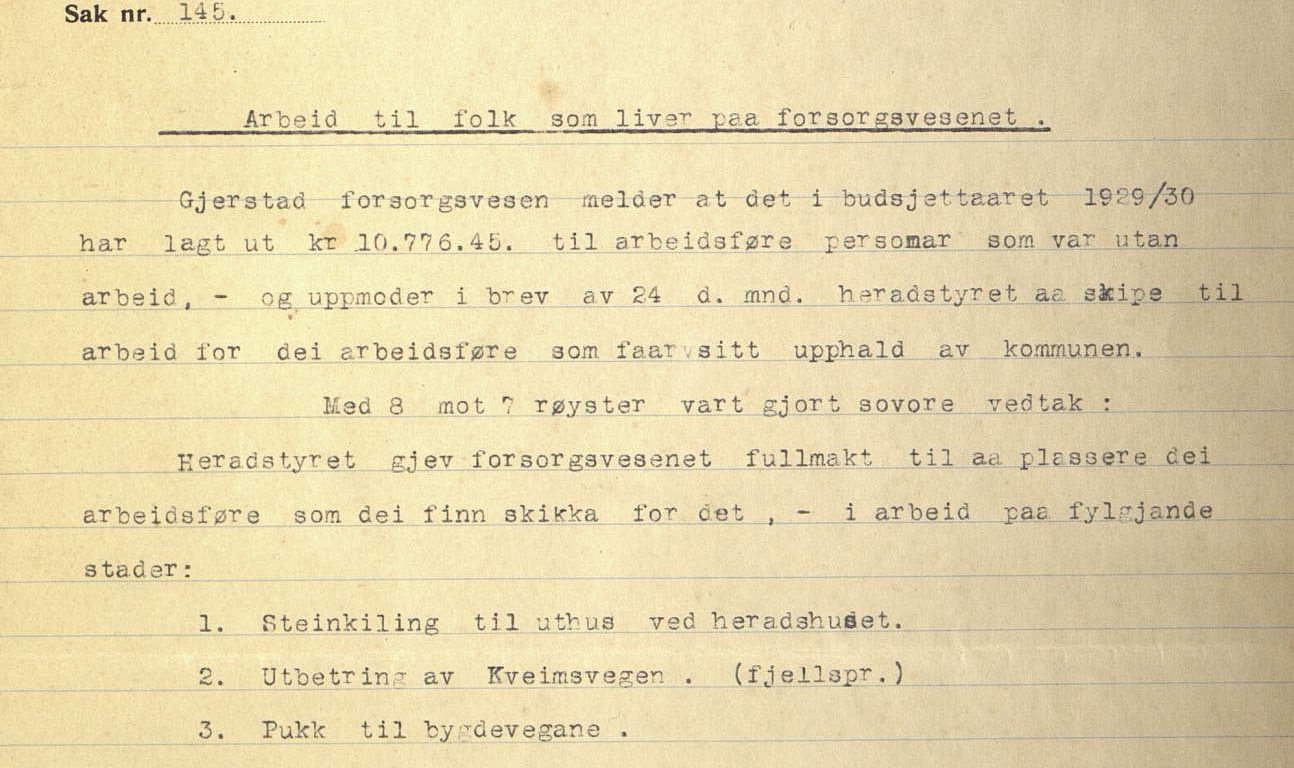 Særutskrift fra herredsstyremøte i Gjerstad 27.11.1930