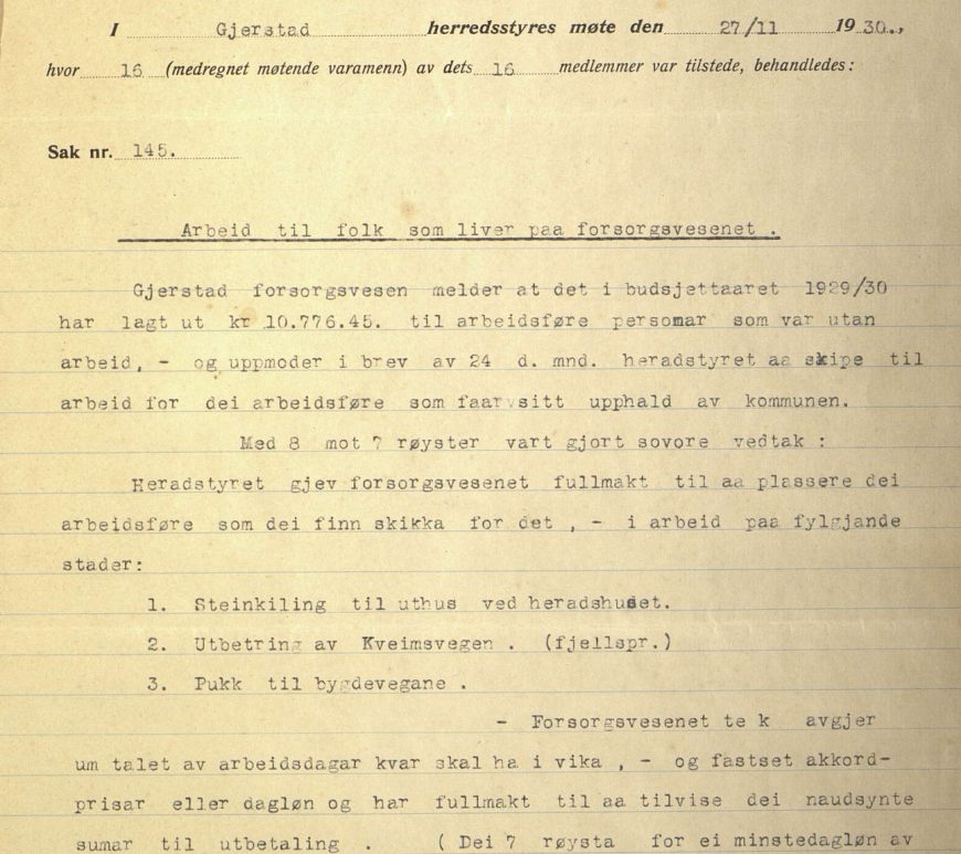 Særutskrift fra herredsstyremøte i Gjerstad 27.11.1930