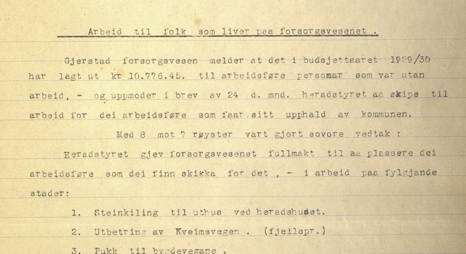 Særutskrift fra herredsstyremøte i Gjerstad 27.11.1930