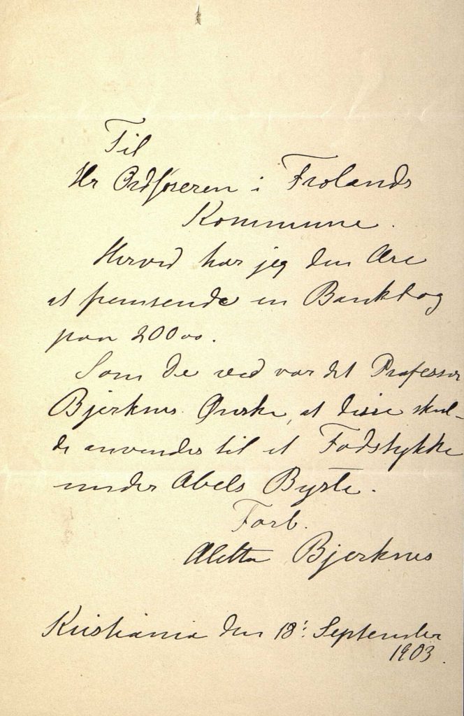 Brev fra Aletta Bjerknes til Anders Løvland 18.09.1903