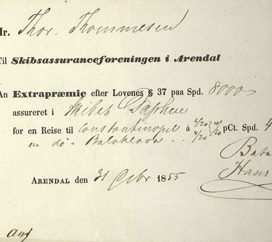 Kvittering for ekstrapremie for Daphne 31. oktober 1855