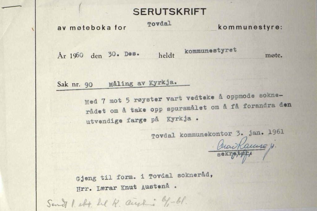 Særutskrift av møtebok for Tovdal kommunestyre 30.12.1960