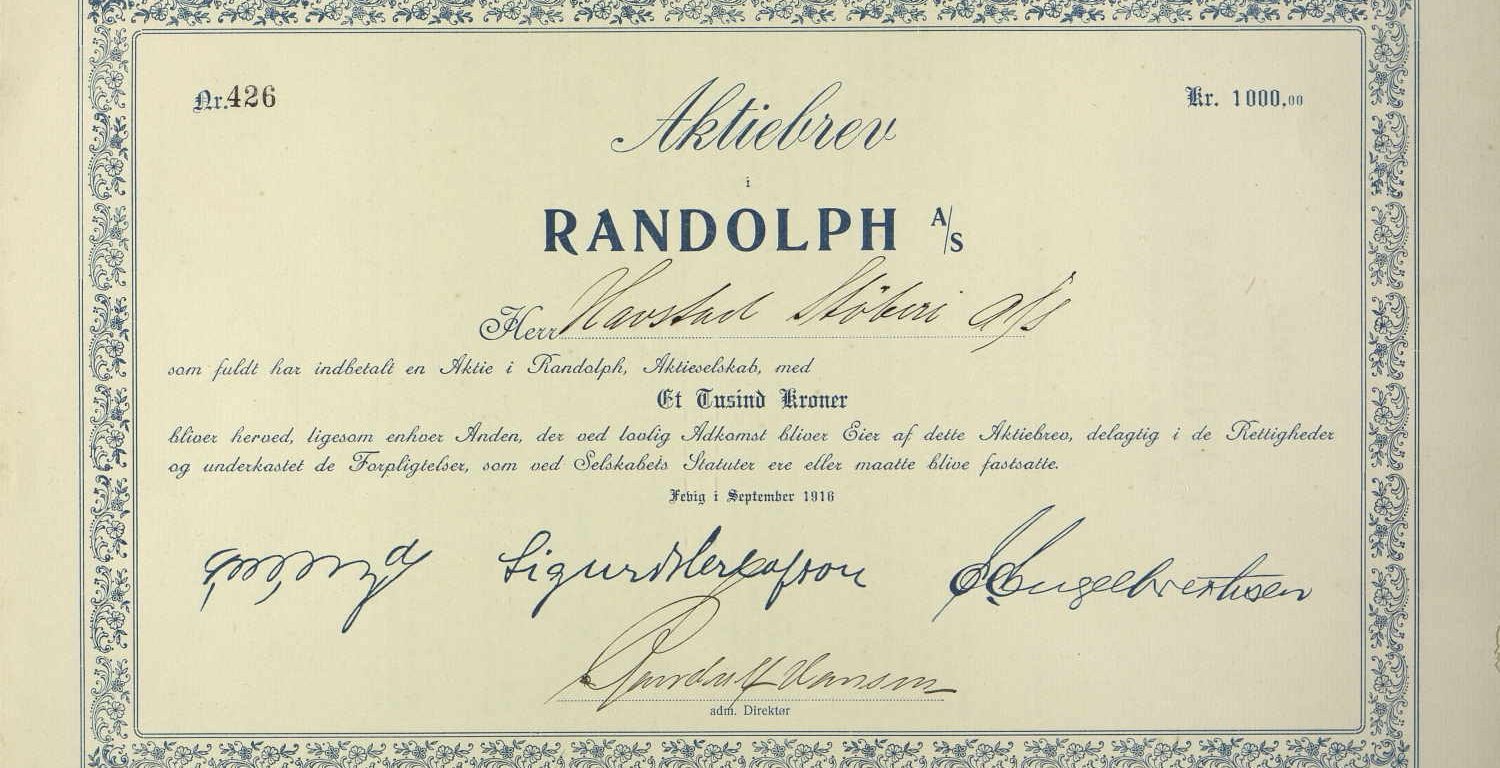 Aksjebrev for Randolph Skibsbyggeri 1916