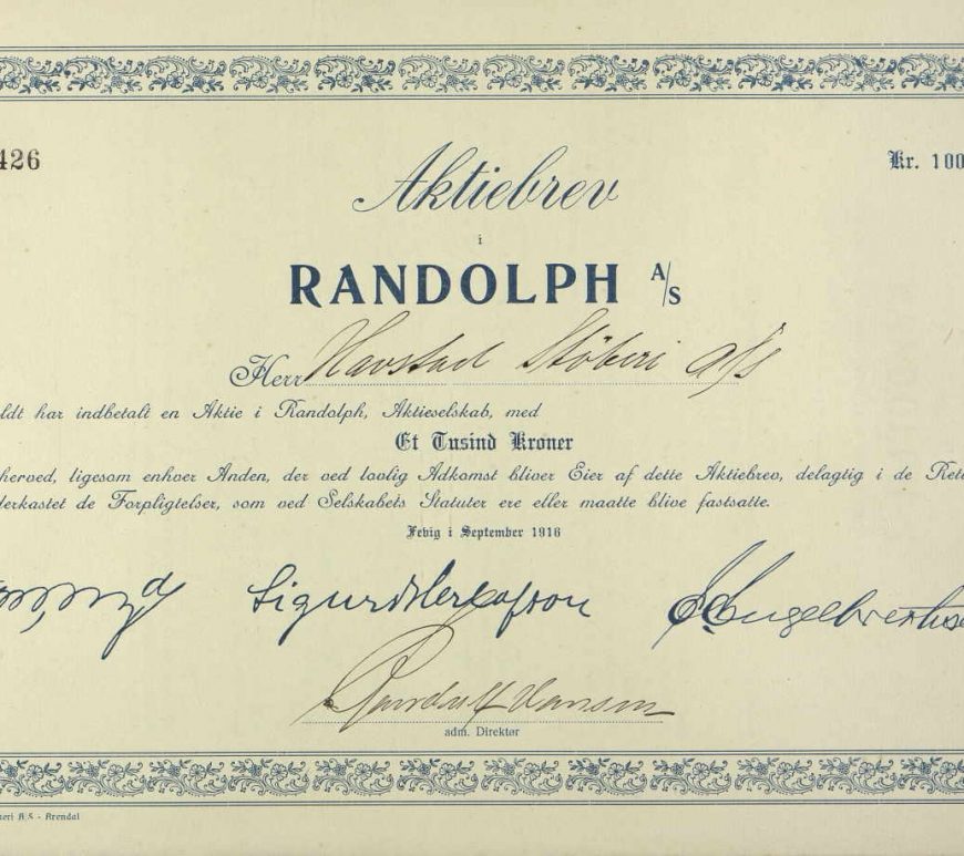 Aksjebrev for Randolph Skibsbyggeri 1916