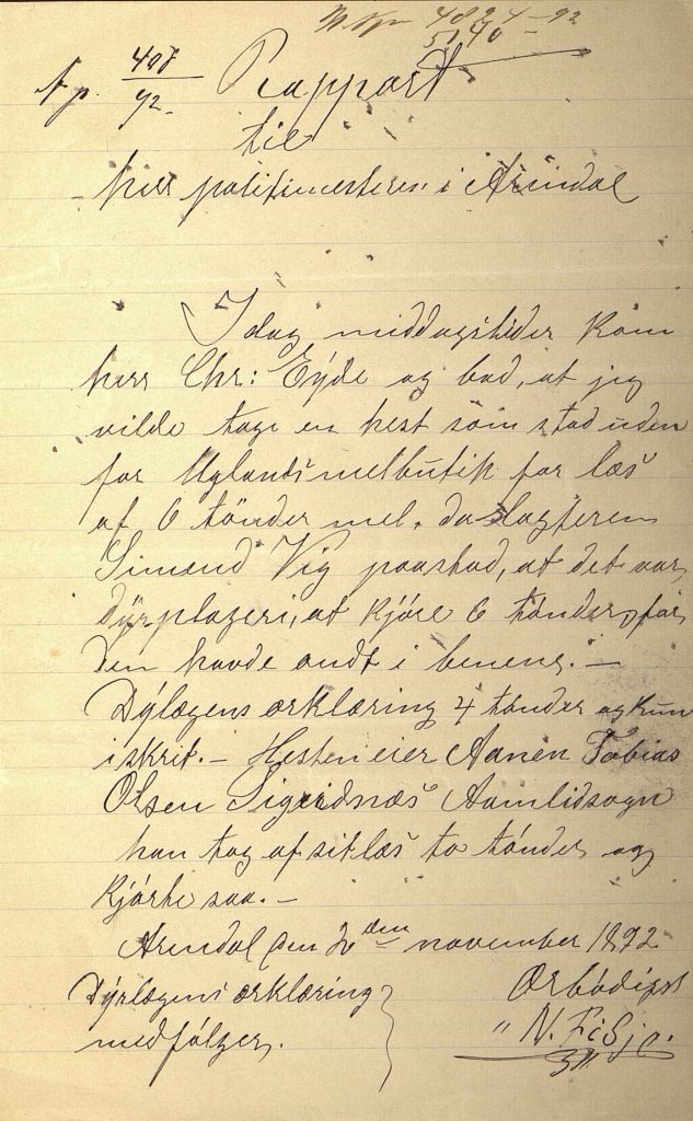 Rapport til politimesteren i Arendal 2.11.1892