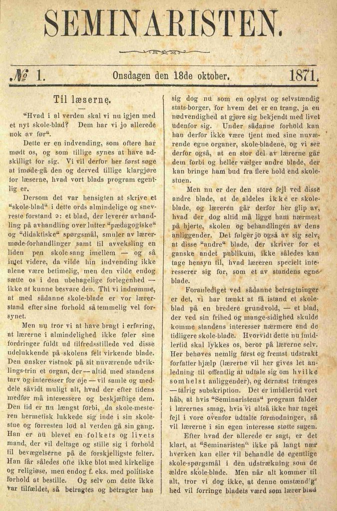 Seminaristen 18.10.1871 1. utgave s. 1