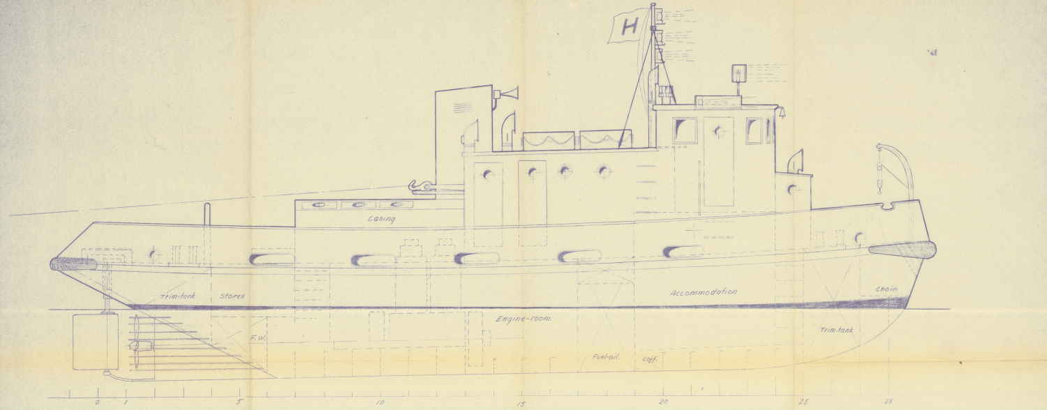 Tegning av slepebåt ved Holmens Verft 26.09.1956 utsnitt