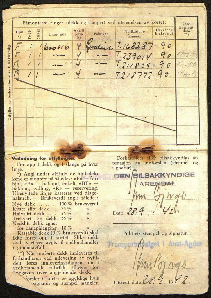 Gummiringkort for kjøretøy I-6995 28.09.1942 s. 3 og 4