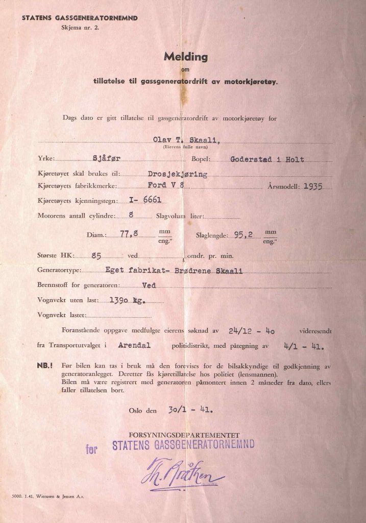 Melding om tillatelse til generatordrift av motorkjøretøy Olav T. Skaali 30.01.1941