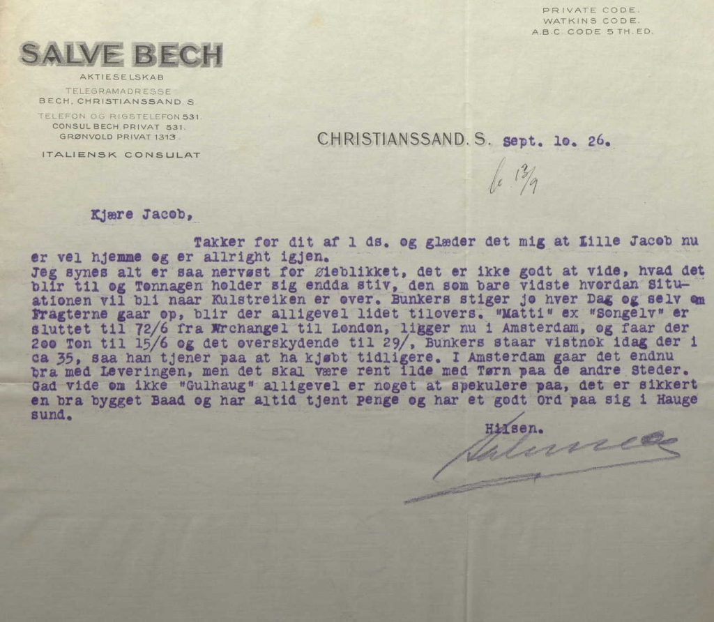 Brev fra Salve Bech til Jacob Prebensen Jr. 10.09.1926