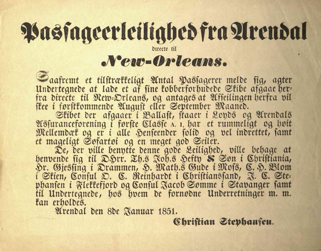 Annonse for passasjerleilighet fra Arendal til New Orleans 08.01.1851