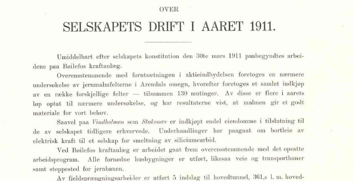 Årsberetning for Arendals Fossekompani 1911
