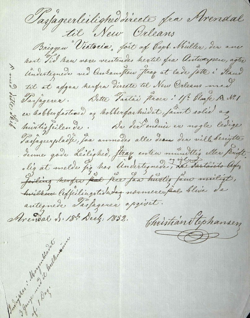 Håndskrevet annonse for passasjerleilighet fra Arendal til New Orleans 18.12.1852