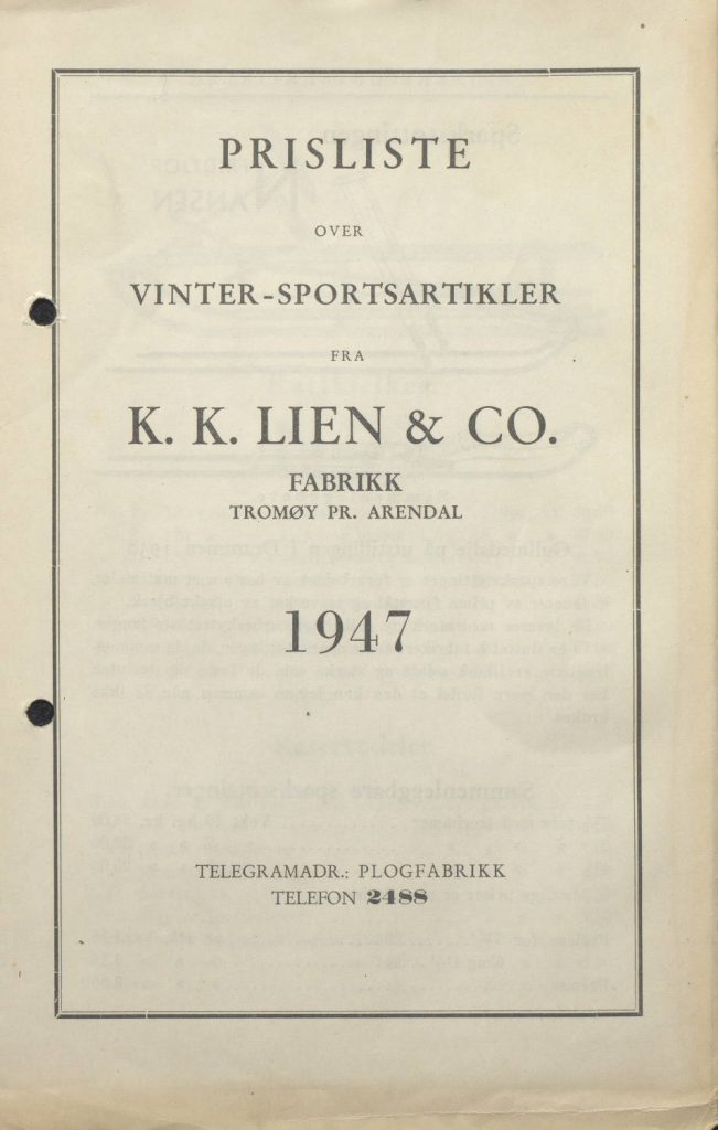 Prisliste vintersportsartikler K.K. Lien 1947 s. 1