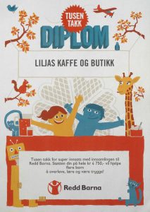 Diplom Liljas kafe og butikk fra Redd Barna mars 2022