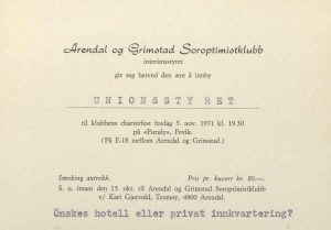 Innbydelese til charterfest for Arendal og Grimstad Soroptimist 05.11.1971