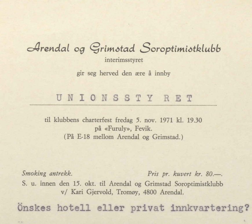 Innbydelese til charterfest for Arendal og Grimstad Soroptimist 05.11.1971