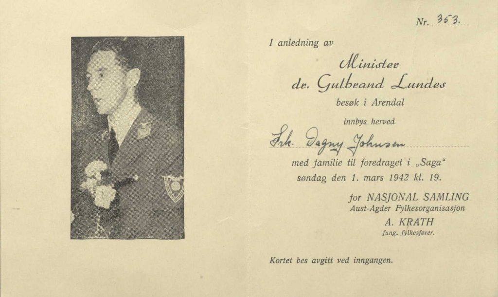 Invitasjon til foredrag med Gulbrand Lunde 01.03.1942
