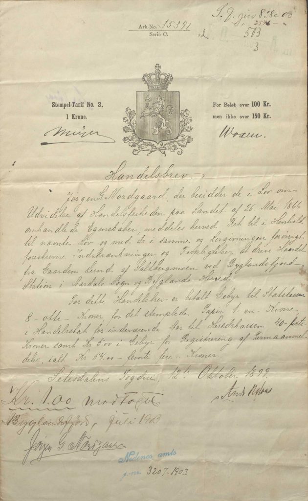 Handelsbrev for Jørgen Gunnarson Nordgaard 1899 s. 1