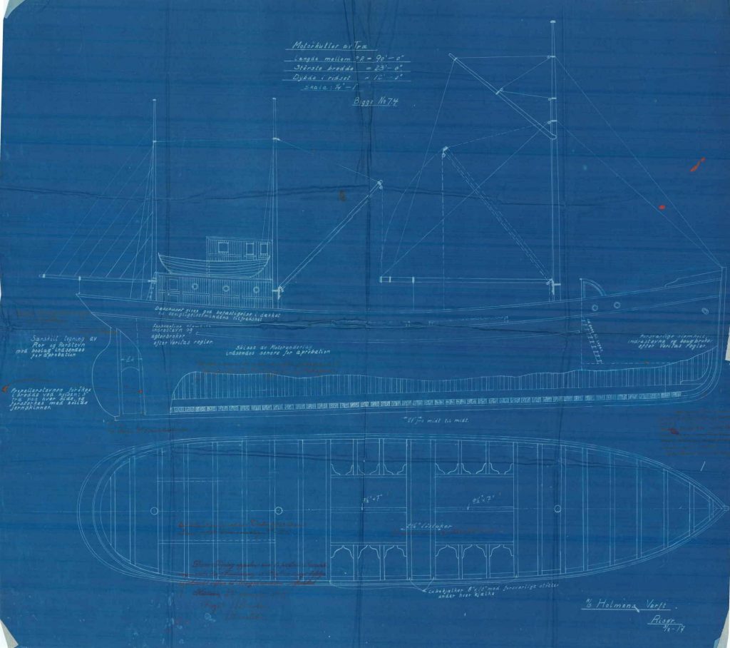Hovedtegning av 90 fots motorfartøy Ameta 03.07.1917 blå