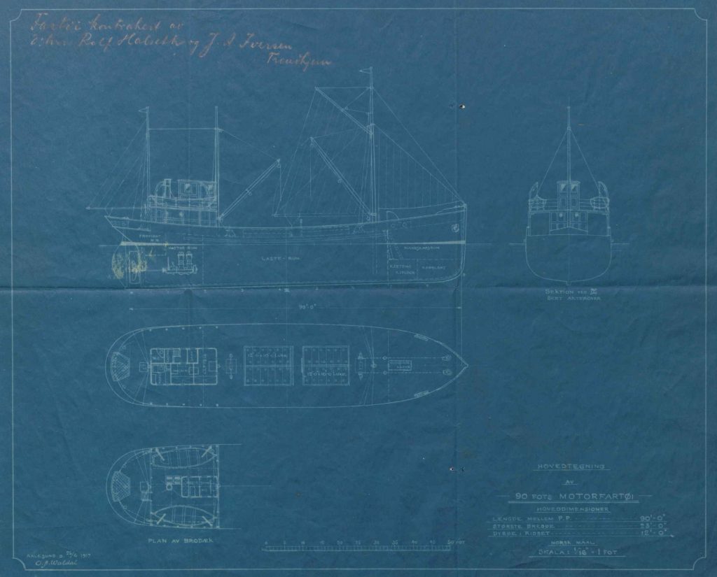 Hovedtegning av 90 fots motorfartøy Ola Andreas Waldal 26.04.1917 blå