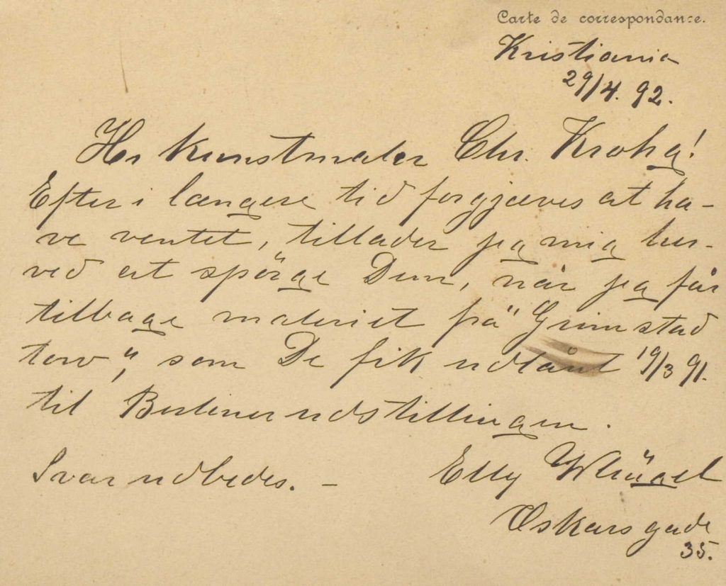Brevkort fra Elly Wleugel til Christian Krohg 29.04.1892