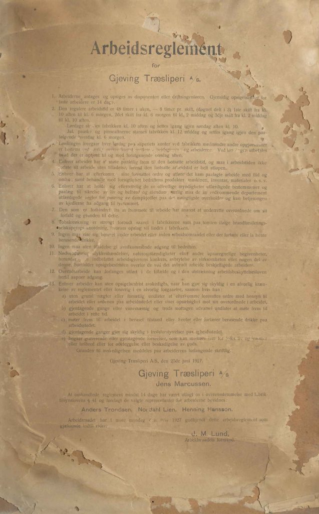 Arbeidsreglement for Gjeving Træsliperi 1927