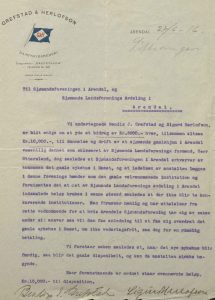 Brev fra Grefstad & Herlofson til Arendals Sjømandsforening og Sjømands Landsforening Arendal 27.06.1916