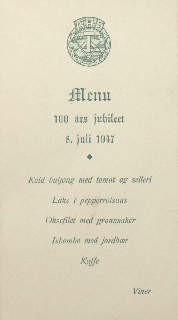 Meny fra Arendals Håndverkerforening 100 år ved Grand Hotel 1947