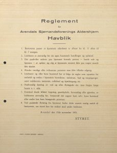 Reglement for Arendals Sjømandsforenings aldershjem Havblik
