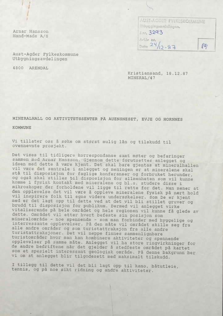 Søknad om lån og tilskudd til mineralhall og aktivitetssenter på Auensneset 18.12.1987 s. 1