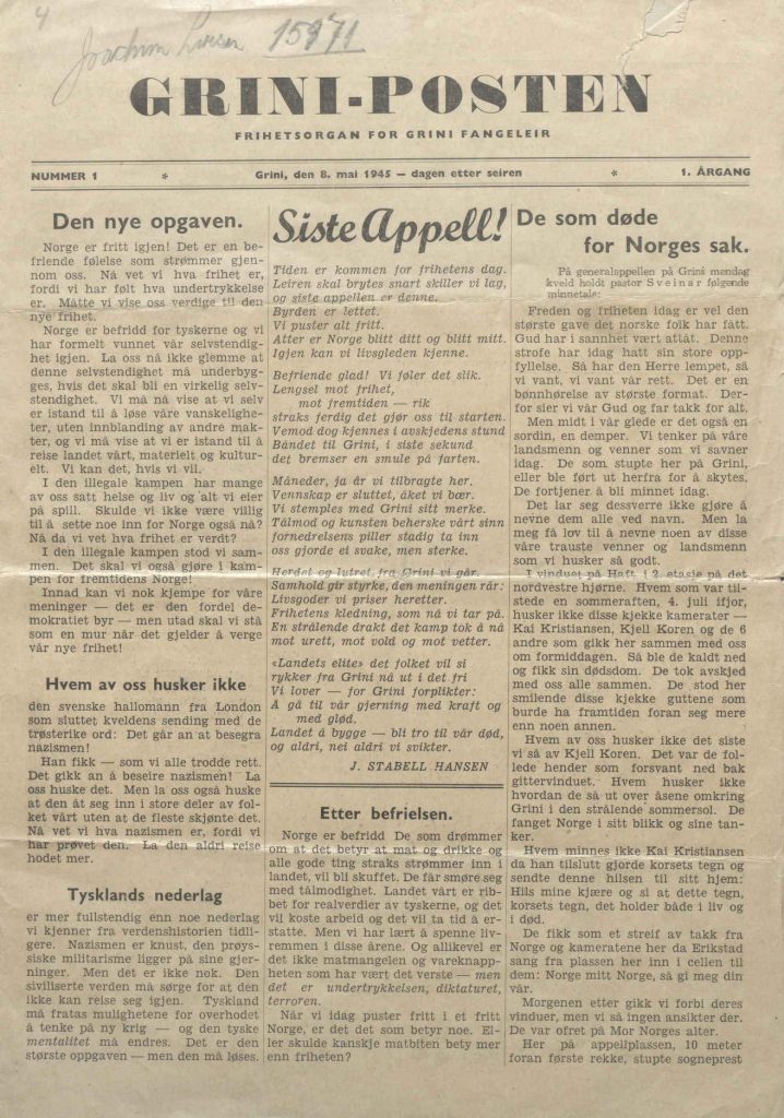 Grini-Posten 1. utgave 8. mai 1945 s. 1