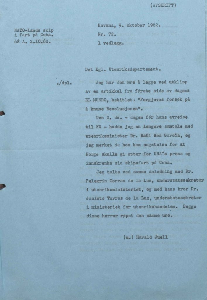 Rapport fra ambassadør Harald Juell 09.10.1962