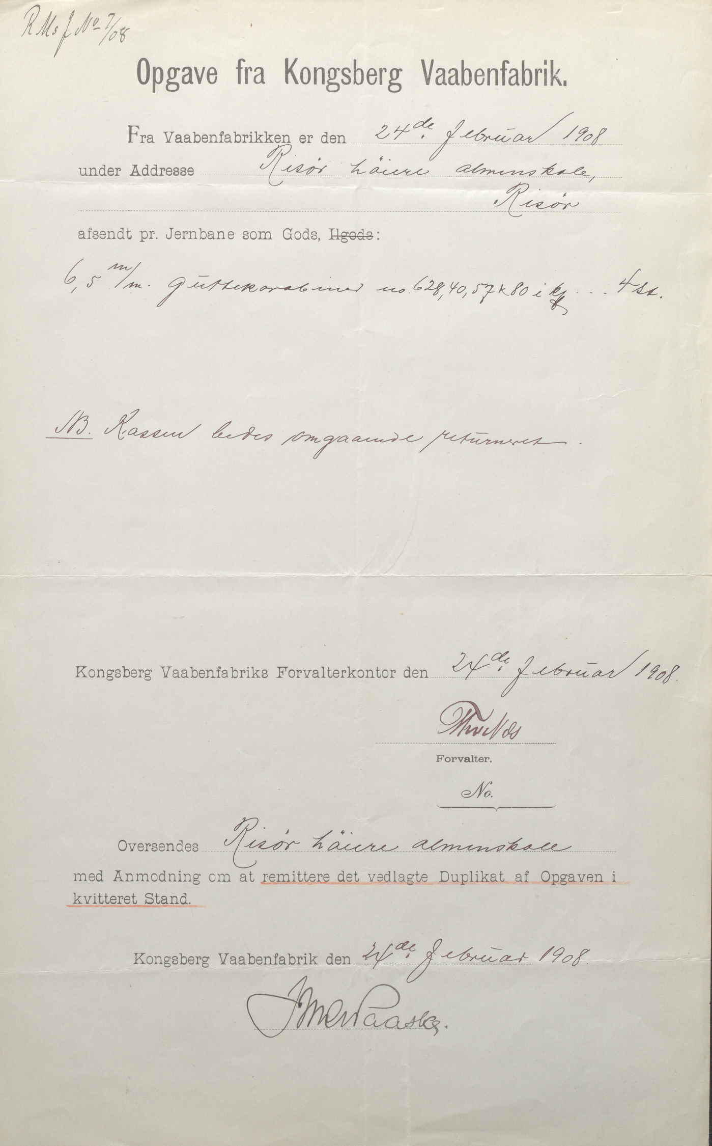 Opgave fra Kongsberg Vaabenfabrik 24.02.1908