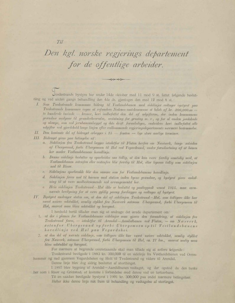 Brev til departementet fra Tvedestrand formannskap 11.11.1907 s. 1