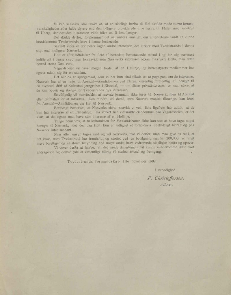 Brev til departementet fra Tvedestrand formannskap 11.11.1907 s. 3