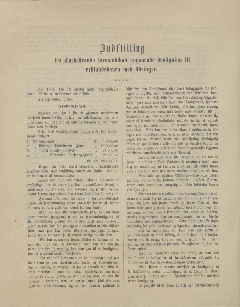 Innstilling fra Tvedestrand formannskap vedrørende bevilgning i jernbanesaken 09.10.1907 s. 1