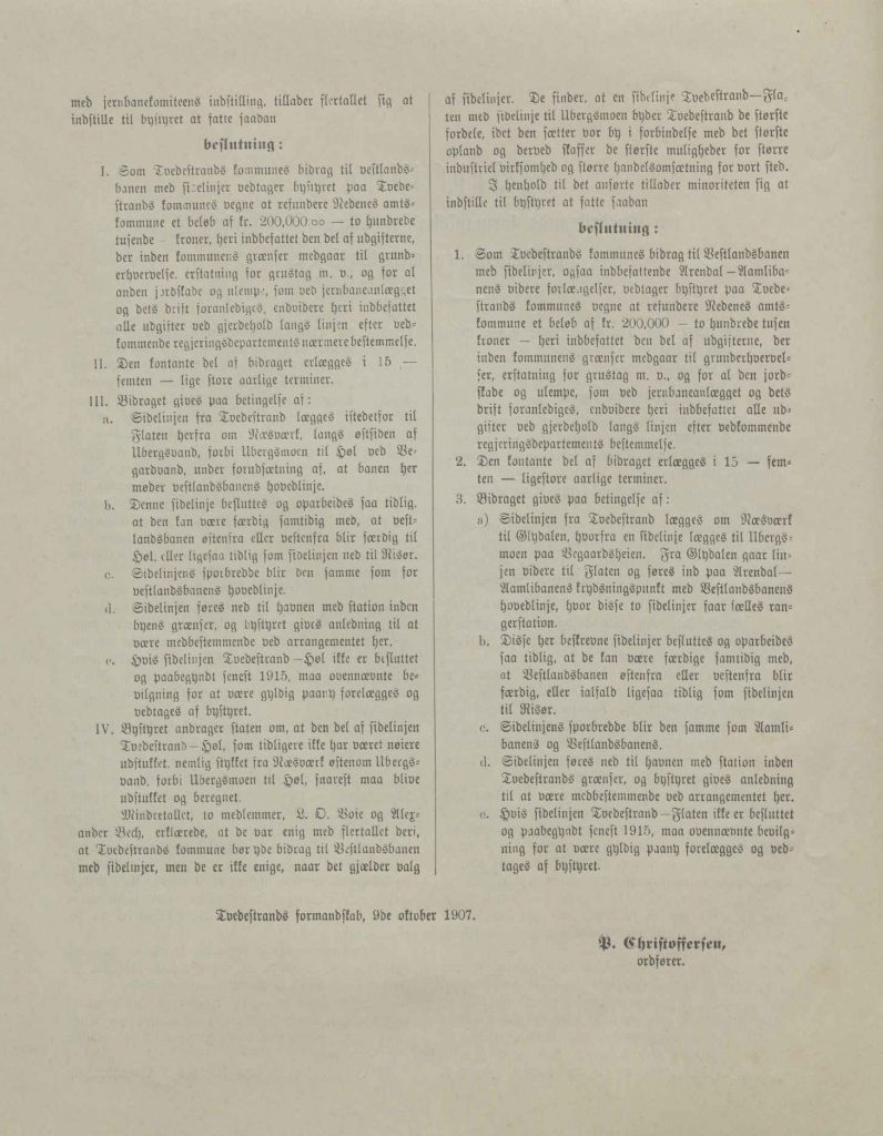Innstilling fra Tvedestrand formannskap vedrørende bevilgning i jernbanesaken 09.10.1907 s. 2
