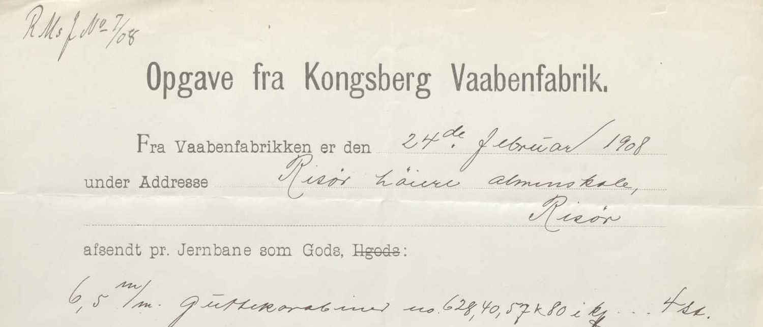 Opgave fra Kongsberg Vaabenfabrik 24.02.1908_utsnitt
