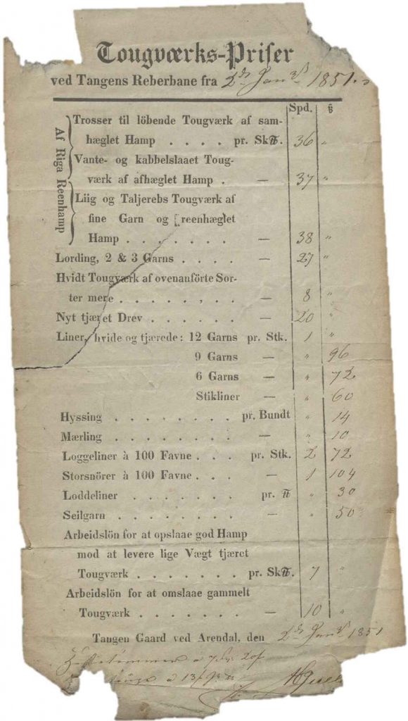 Prisliste for tauverk fra Tangen Reberbane 1851