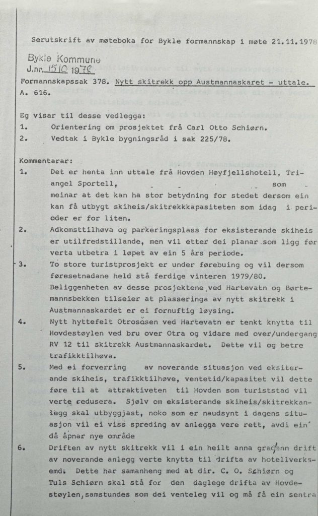 Særutskrift fra møtebok til Bykle formannskap 21.11.1978 s. 1