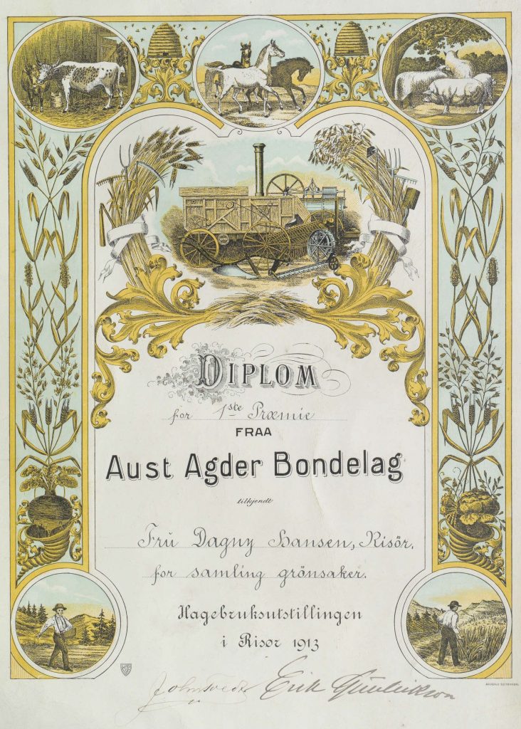 Diplom 1. premie Dagny Hansen Aust-Agder Bondelag 1913